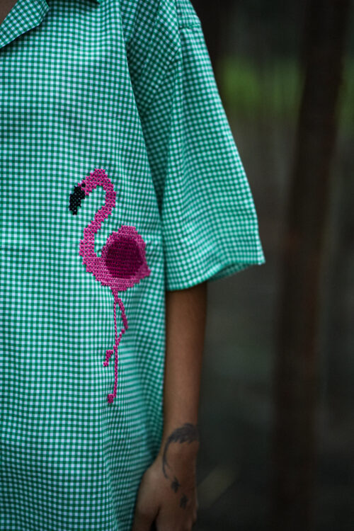 Cross stitch embroidered flamingo shirt. - Image 2